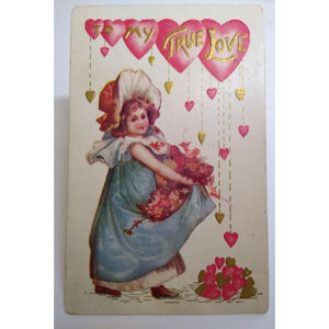 Valentine Postcard Victorian Child In Bonnet Pile Of Hearts Vintage Embossed